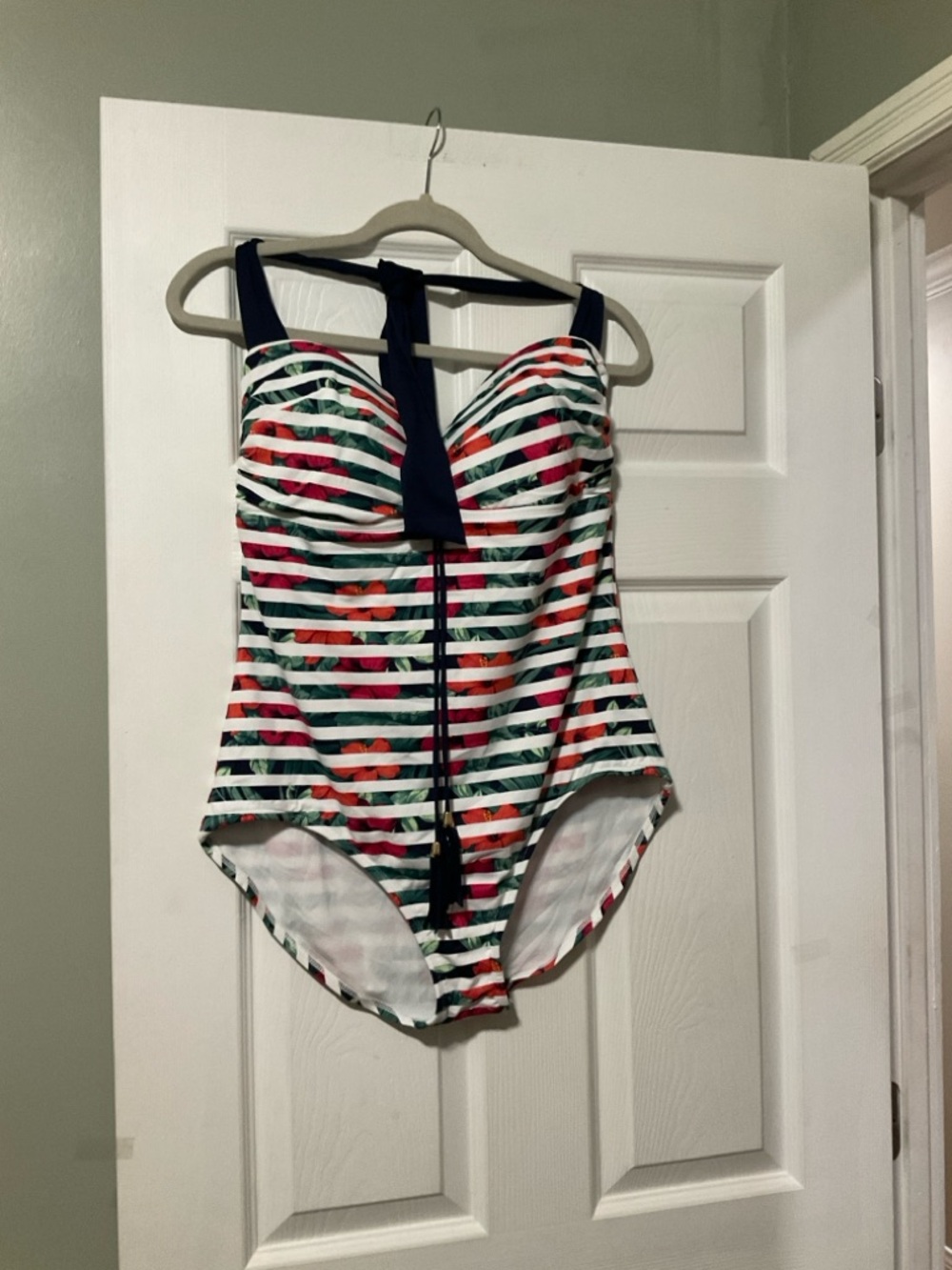 Tommy Bahama Navy, White, Green, Red & Pink Striped Floral One-Piece Swimsuit